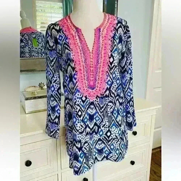 Lilly Pulitzer Oh My Cod Silk Renato Bead Dinner Tunic Top Shirt Blouse XS NWOT - Picture 4 of 9
